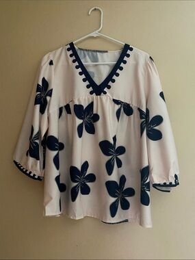 Women's Pink Floral V-Neck Blouse with Navy Trim